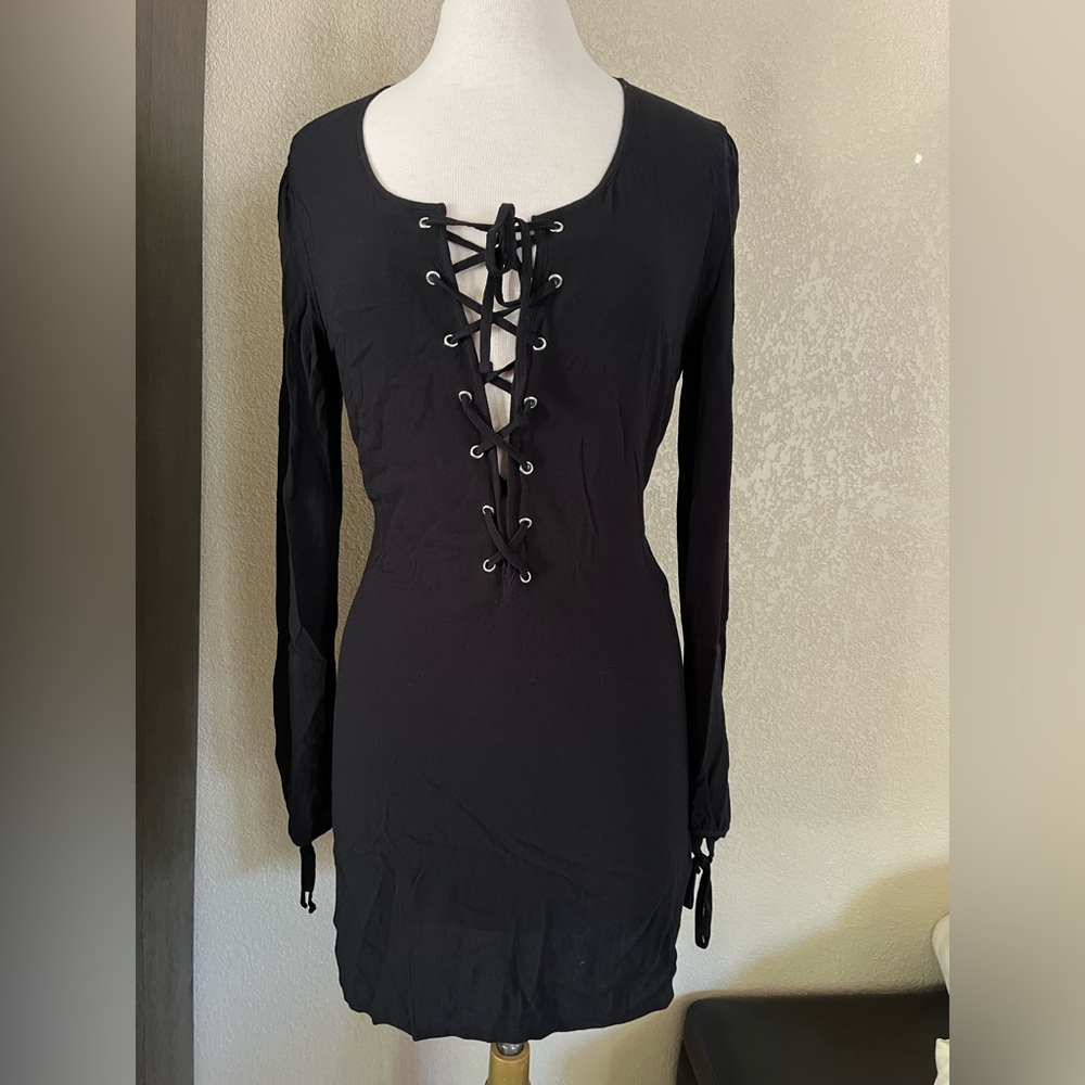 Kendall & Kylie Black Lace-Up Long Sleeve Dress